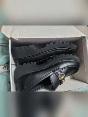 Black Leather Platform Loafers with Gold Hardware